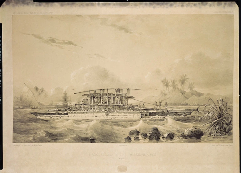 Image: Le Breton, Louis Auguste Marie, 1818-1866 :Pirogue double des missionnaires (Ile Vavao). Dessine par L. Le Breton. Lith. par Sabatier. Paris. Gide Editeur. Imp. Lemercier, Paris, [1846].