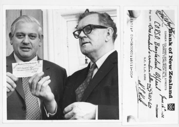 Image: Leader of the opposition, Norman Kirk, handing a cheque for 1% of his gross salary to the director of CORSO, Haddon Charles Dixon, for the Bangladesh appeal