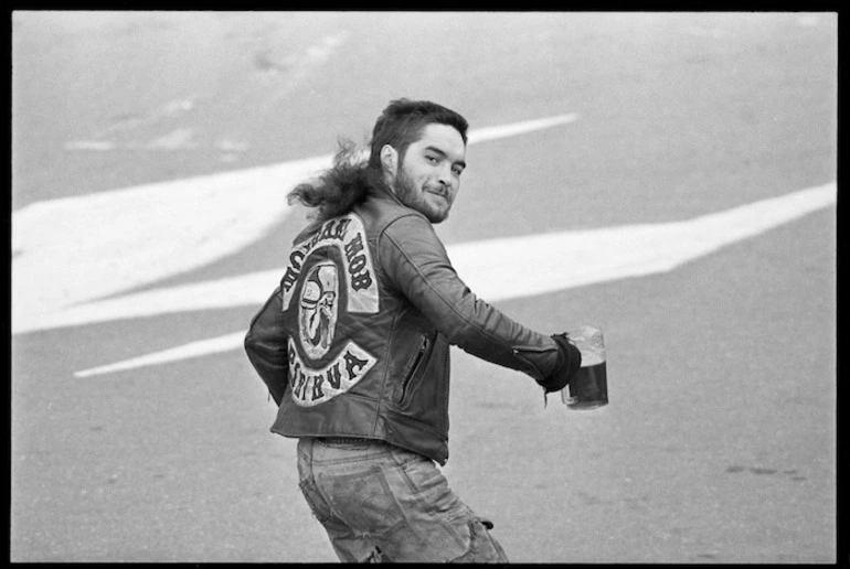 Image: Mongrel Mob member Kevin Tua arriving for hui - Photograph taken by Martin Hunter