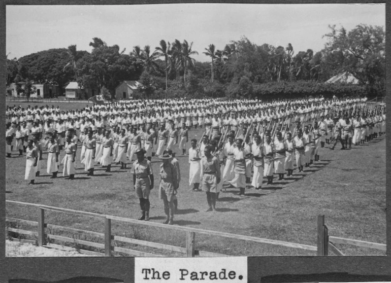 Image: Members of the Home Guard, Tonga Defence Force, 2nd NZEF, on parade in Tonga during the anniversary of the accession of King George Tubou 1 as King of Tonga