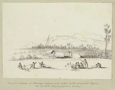 Image: [Merrett, Joseph Jenner] 1816?-1854 :[The Hobson album]. View from Orakau of Maunga tatari with natives in the foreground digging. They dig while sitting in preference to standing. [ca 1843]
