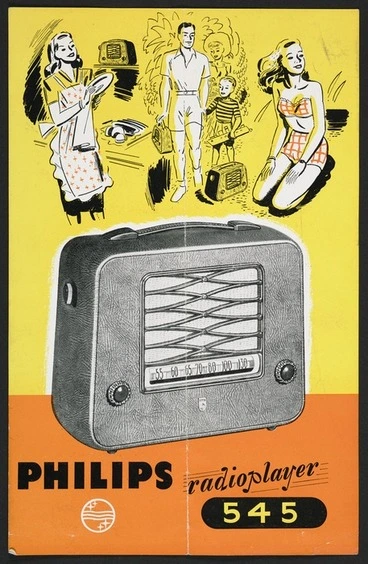 Image: Philips Electrical Industries of New Zealand Ltd: Philips radioplayer 545; the double duty portable operates from batteries and mains [Flyer. 1950s]