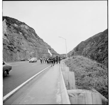 Image: Māori Land March en route down Ngauranga Gorge to Parliament, 13 October 1975