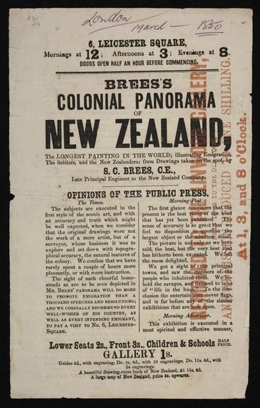 Image: Brees's colonial panorama of New Zealand, the longest painting in the world; illustrating emigration, the settlers and the New Zealanders; from drawings taken on the spot by S. C. Brees, C. E., late Principal Engineer to the New Zealand Company. [Advertising flyer] [London] J. Carrall, Printer, 275 Strand [1849]
