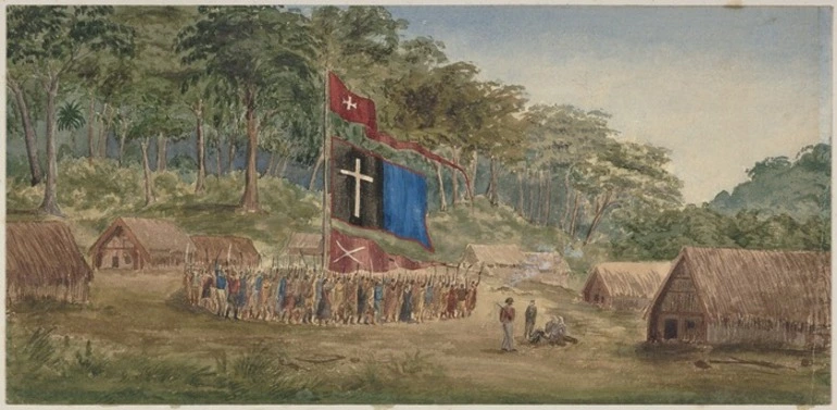 Image: [Meade, Herbert (Lieutenant)], 1842-1868 :Pai Marire karakia, held by the Te Hau fanatics at Tataroa, New Zealand, to determine the fate of their prisoners. Jan[uar]y 27th, 1865.