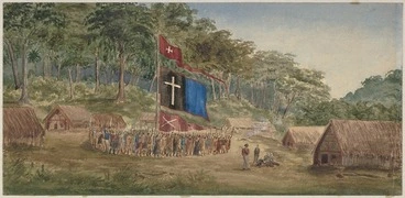Image: [Meade, Herbert (Lieutenant)], 1842-1868 :Pai Marire karakia, held by the Te Hau fanatics at Tataroa, New Zealand, to determine the fate of their prisoners. Jan[uar]y 27th, 1865.