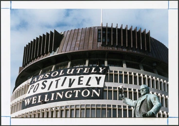Image: "Absolutely Positively Wellington" banner on the Beehive - Photograph taken by Mark Coote