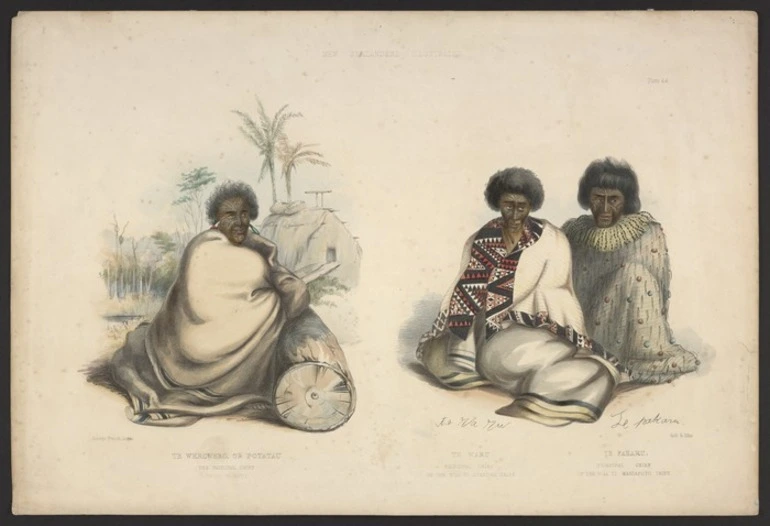 Image: Angas, George French 1822-1886 :Te Werowero, or Potatau the principal chief of all Waikato. Te Waru, principal chief of the Nga Ti Apakura tribe. Te Pakaru, principal chief of the Nga Ti Maniapoto tribe. George French Angas delt & lith. Plate 44. 1847.