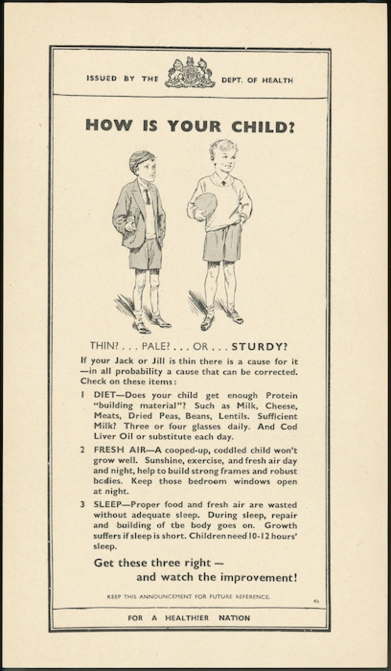 Image: New Zealand. Department of Health :How is your child? Thin? ... Pale? ... or ... sturdy? For a healthier nation. [ca 1945]