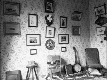 Image: Interior of William and Lydia William's house in Napier, with framed pictures