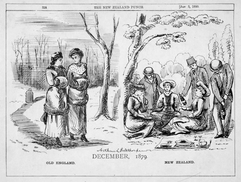 Image: Palethorpe, Arthur, fl 1870s:December 1879. Old England. New Zealand. The New Zealand Punch (Wellington), October 11, 1879 (p. 228).