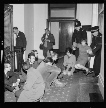 Image: Demonstrators at a sit-in at the Prime Ministers suite, protesting against the Vietnam War