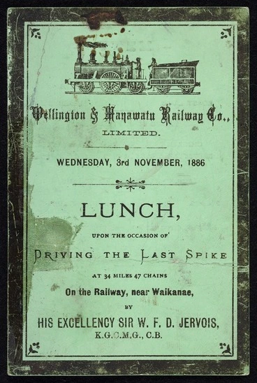 Image: Wellington & Manawatu Railway Company Ltd :Wednesday 3rd November, 1886. Lunch upon the occasion of driving the last spike at 34 miles 47 chains, on the railway, near Waikanae, by His Excellency Sir W F D Jervois, K.G.C.M.G., C.B. 1886.