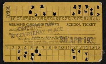 Image: Wellington Corporation Tramways :School ticket, available during month of ... between [Oriental Bay] and [Courtenay Place]. 30 April 1939. 31 rides].