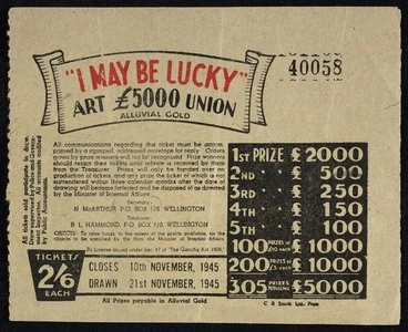 Image: "I may be lucky" £5000 art union, alluvial gold. Ticket 2/6 each. Closes 10th November 1945; drawn 21st November 1945. C B Smith Ltd Press