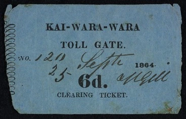 Image: Kai-Wara-Wara toll gate. Clearing ticket. 6d. 25 Sept[ember] 1864.