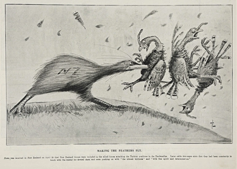 Image: Lloyd, Trevor, 1863-1937 :Making the feathers fly. Auckland Weekly News, 6 May 1915.