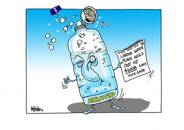 Image: Nick Smith as bottle of aerated water claiming Labour plans to impose a water charge costing NZ $600 billion