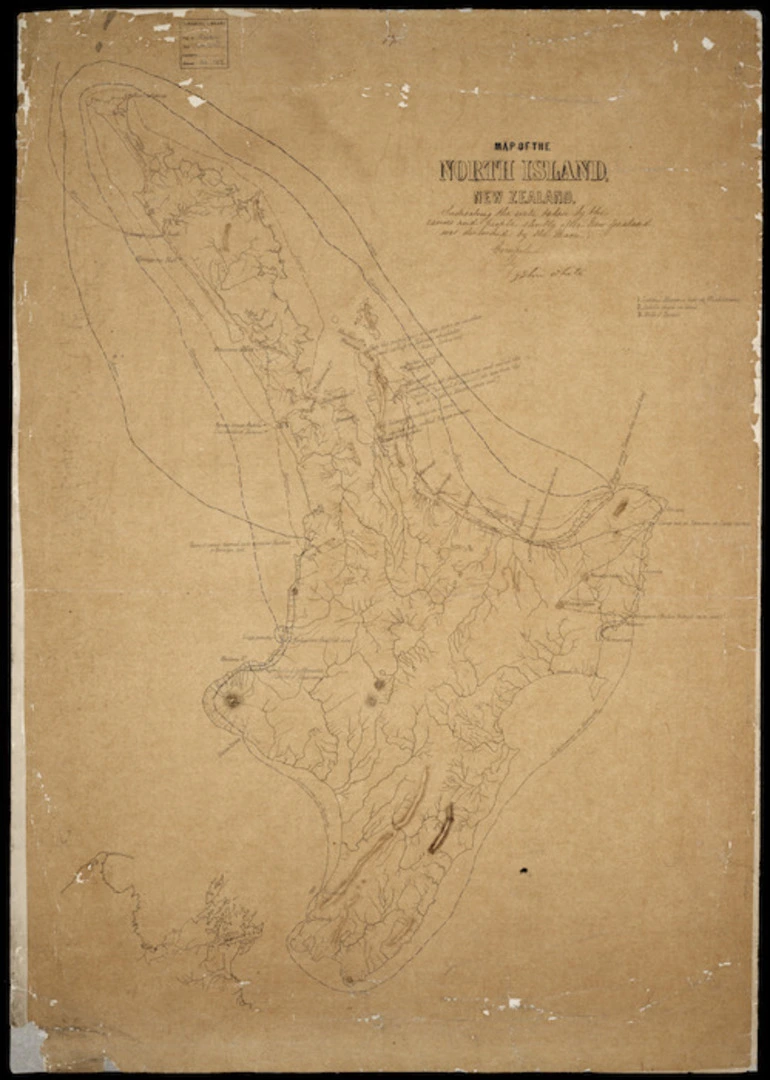 Image: White, John, 1826-1881: Map of the North Island, New Zealand [ms map]. Indicating the route taken by the canoes and people shortly after New Zealand was discovered by the Maori. Compiled by John White.