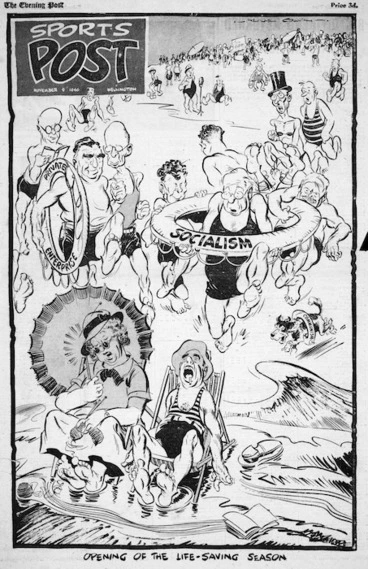 Image: Colvin, Neville Maurice, 1918-1992 :Opening of the life-saving season. Evening Post Sports Post [cover], 9 November 1946.