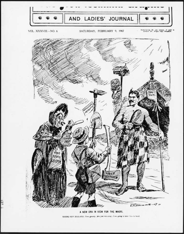 Image: Hiscocks, Ercildoune Frederick, fl 1899-1940s :A new era in view for the Maori. New Zealand Graphic and Ladies' Journal, 9 February 1907 (front page).