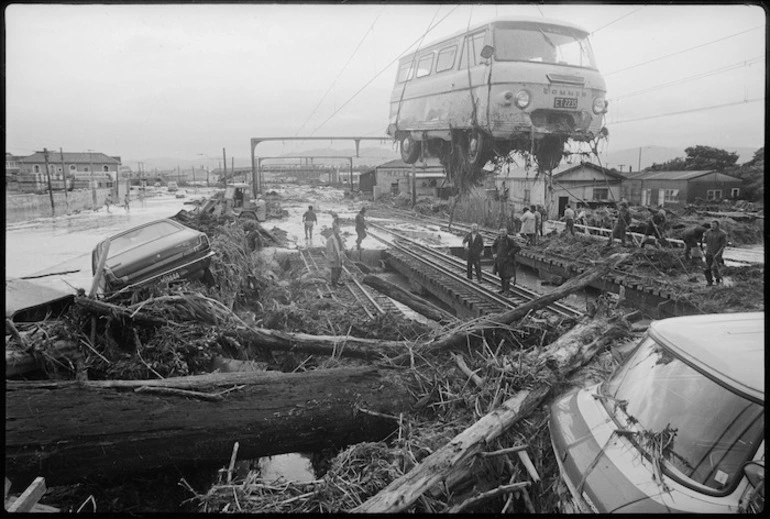 Image: Lifting of a Commer van off railway lines after a flood, Petone