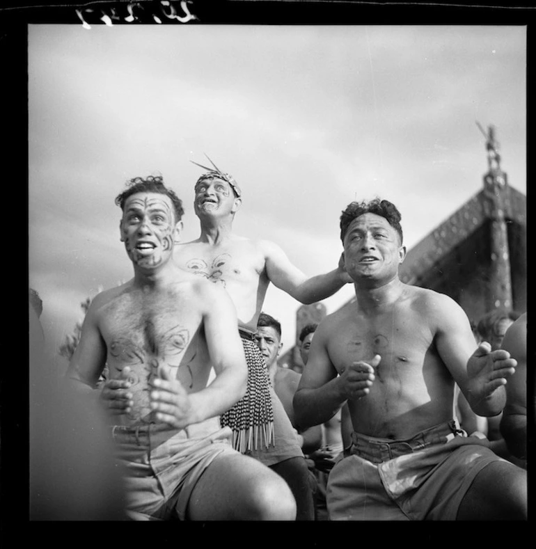 Image: Members of the Maori Battalion performing a haka at the opening of the meeting house Tamatekapua, at Ohinemutu