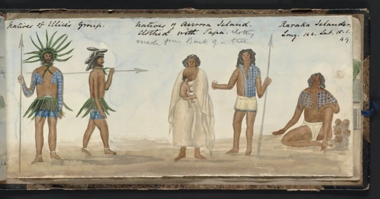 Image: Natives of Ellices Group. Natives of Aurora Island clothed in tapa. Raraka Islander.