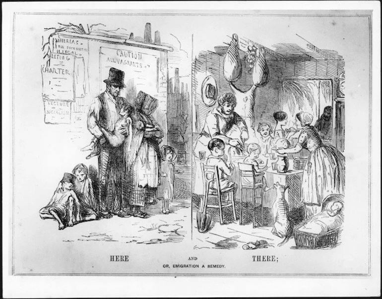 Image: Punch :Here and there; or, emigration a remedy. London, 8 July 1848.