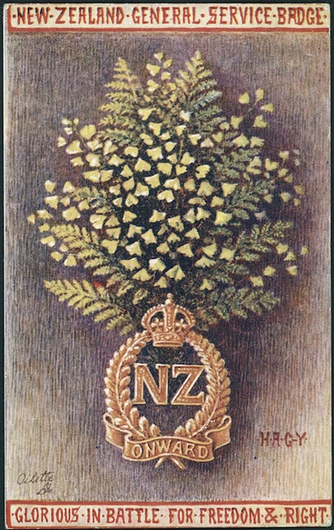 Image: [Postcard]. New Zealand General Service badge; glorious in battle for freedom and right / H.A.G.Y. Tuck's post card. Raphael Tuck & Sons "Oilette" postcard 3150. Printed in England. [ca 1917].