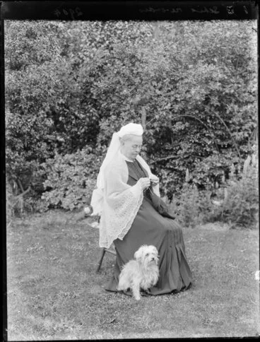 Image: Mrs Cocks [Cox?] knitting outdoors, with a small dog