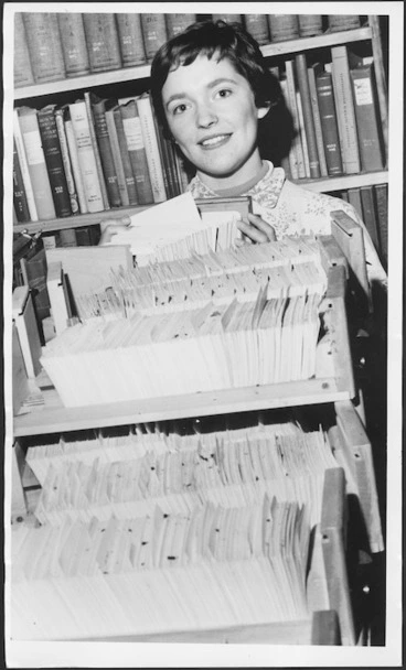 Image: Janet Horncy with part of Union Catalogue at National Library Centre