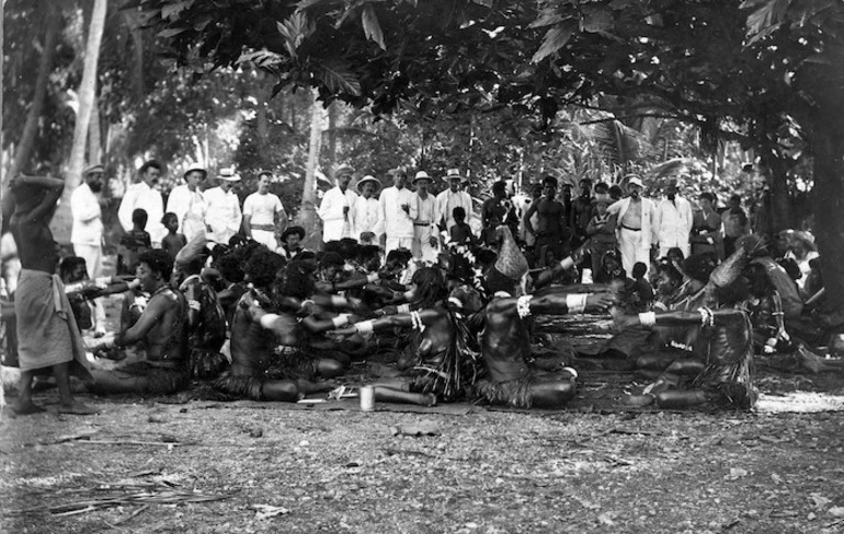 Image: Banaba Islanders performing Te Kabura dance before visitors, at Banaba, Kiribati