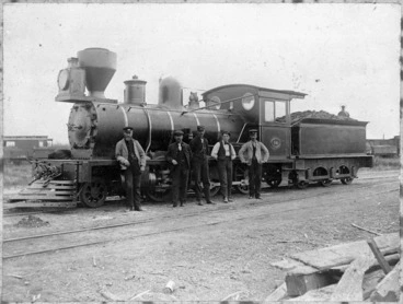 Image: J class locomotive, NZR number 14, 2-6-0 type, and railway employees