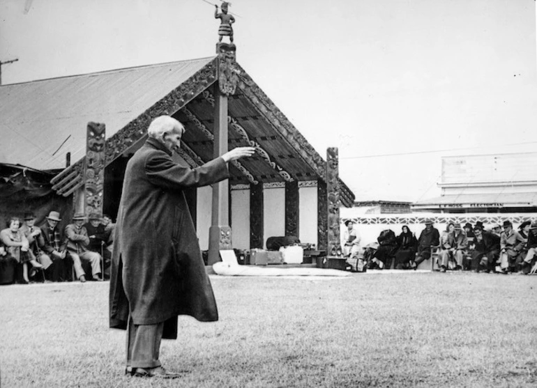 Image: Apirana Ngata speaking outside Ngati Raukawa meeting house, Otaki