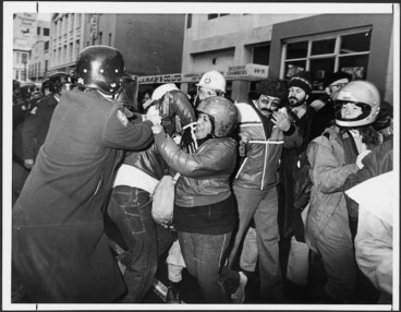 Image: Scuffle between a policeman of the Red Squad and anti Springbok rugby tour demonstrators in Wellington - Photographs taken by Peter Avery