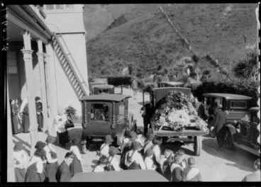 Image: School children and vehicles outside the Home of Compassion, Wellington, during the funeral of Mother Mary Aubert