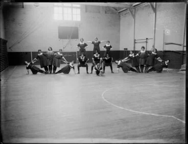 Image: Young Women's Christian Association gymnastics demonstration in a gymnasiumn