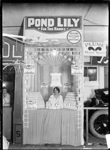 Image: Stall at a trade fair advertising and displaying "Pond lily" hand cream