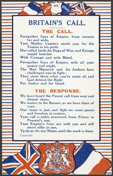 Image: [Postcard]. Britain's call. The call - the response. "Philco" series no 2560. Printed in England. [ca 1914].