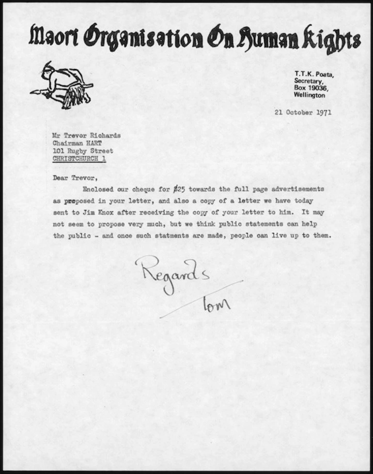 Image: Letter from Tom T K Poata to Trevor Richards