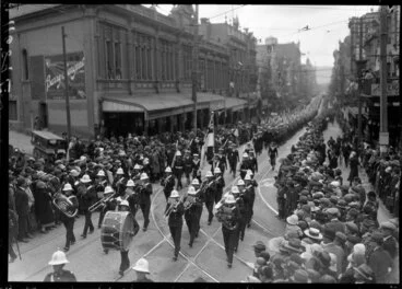 Image: Military parade with brass band, Willis St., Wellington
