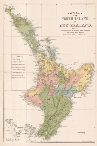 Image: Sketch map of the North Island of New Zealand shewing approximately the loyal and rebel districts from the commencement of the Taranaki War to May 1869 : also the proportion of natives in each district who have joined in the rebellion / drawn by T.W. Palin, Defence Office Wellington & on stone by D Henderson.