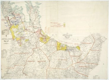 Image: [Sims Commission?] :[Map showing Maori land confiscation, land before the Land Court, boundaries of Crown purchases and iwi districts from South Auckland to Lake Taupo] [map with ms annotations]. [1927?]