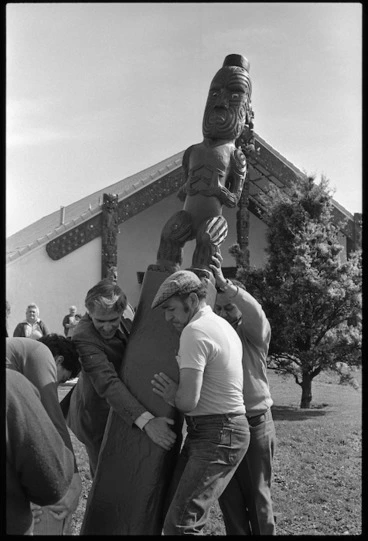 Image: The first of ten carved pou being laid in place during the Waiwhetu Marae's 25th birthday celebrations at Lower Hutt - Photograph taken by Ross Giblin