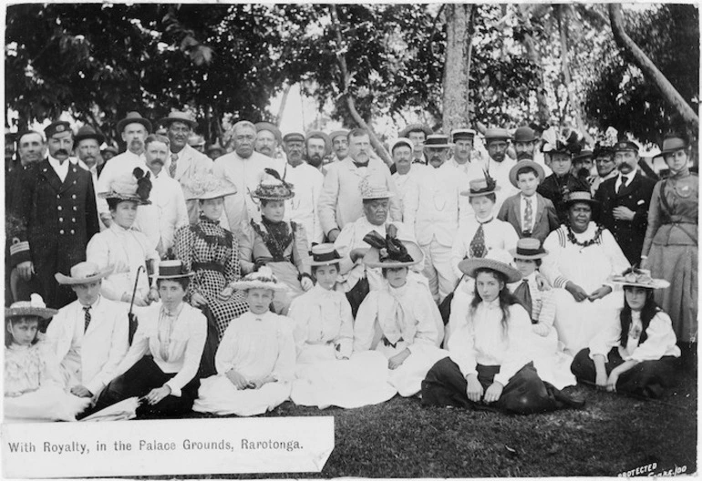 Image: Group including Queen Makea and Premier R J Seddon, in Rarotonga, Cook Islands, during Premier R J Seddon's trip to the Pacific Islands