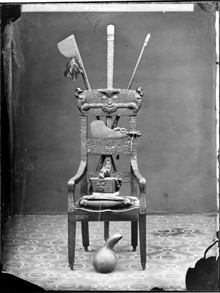 Image: Chair carved by Putiki Maori and presented to Reverend Richard Taylor as a personal gift.