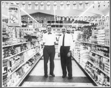 Image: Erwin Leonard Guy Abel with his son Len in Abel's Supermarket, Hillcrest, Hamilton