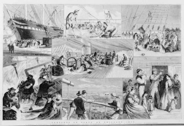 Image: Montage of sketches depicting life on board an emigrant ship
