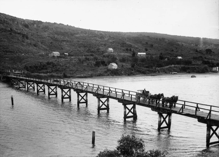 Image: The Mangonui to Kaeo mail coach crossing Hodge's Bridge, Northland